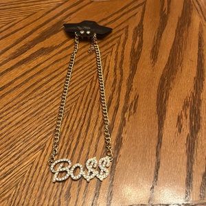 NWOT QUEEN OF ALL FAUX DIAMOND STUB EARRING GOLDTONE CHAIN NECKLACE BOSS DESIGN